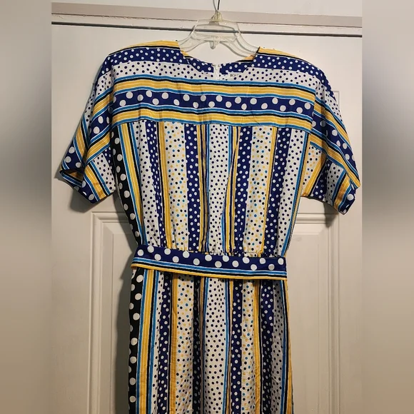 Vintage By Brownstone Studio Blue/Yellow Polka Dot Dress with Pockets - Picture 3 of 6